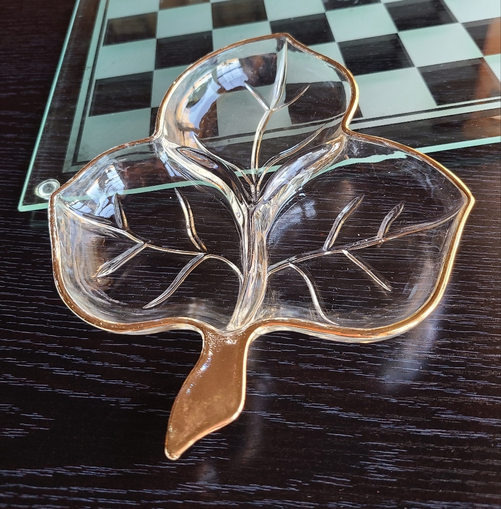 Vintage MAPLE LEAF Candy / Relish Dish Hazel Atlas Clear Glass - gold tr…